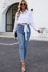 Ingvn - Cropped Lapel Collar Tie Waist Long Sleeve Blouse