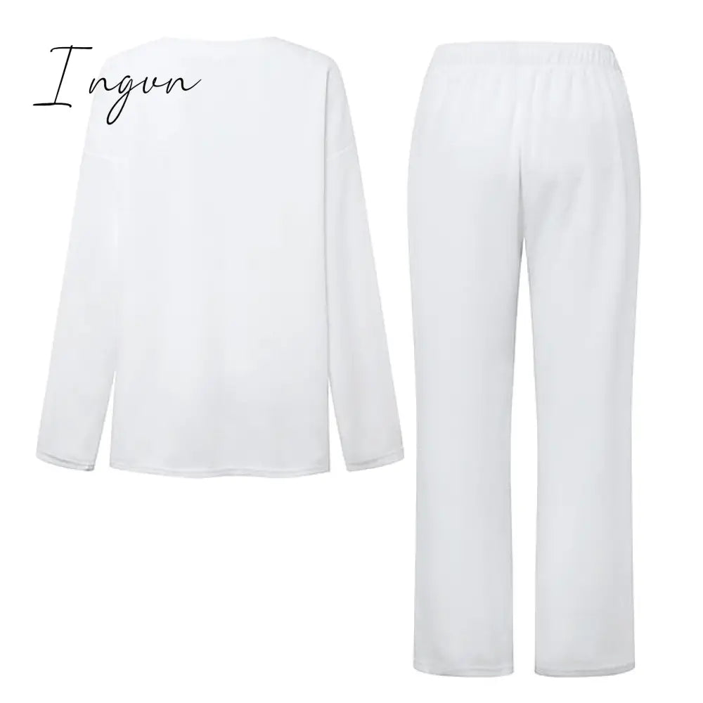 Ingvn - Women's  Lounge Sets 2 Pieces Solid Color Fleece Pajama V Neck Long Sleeve for Fall Winter White S 3XL