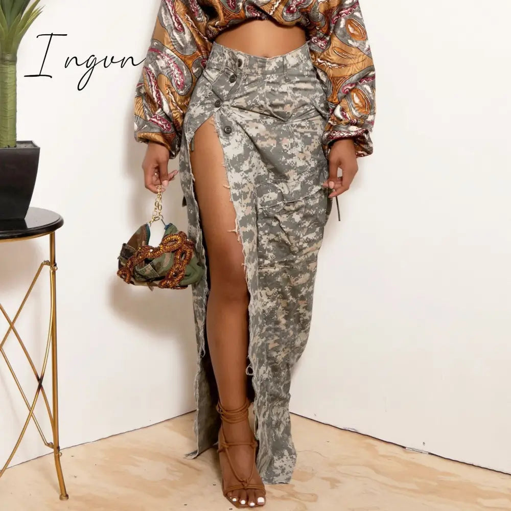 Ingvn - 2023 Summer Camo Skirt High Split Cargo Novelty Skirts for Women