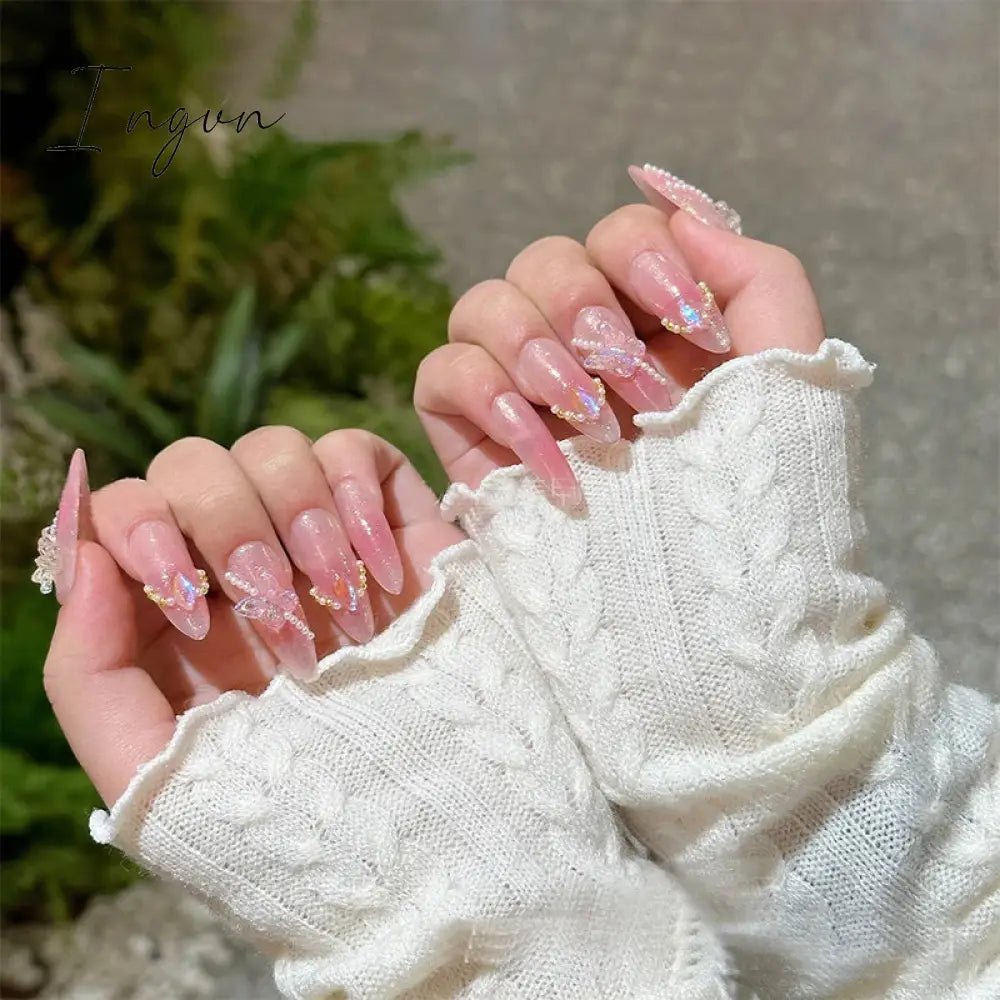 10Pcs Handmade Nails Set Press on Long Almond False Nail with Rhinestone Pink Camellia Design Reusable Full Cover Fake Nail Tips