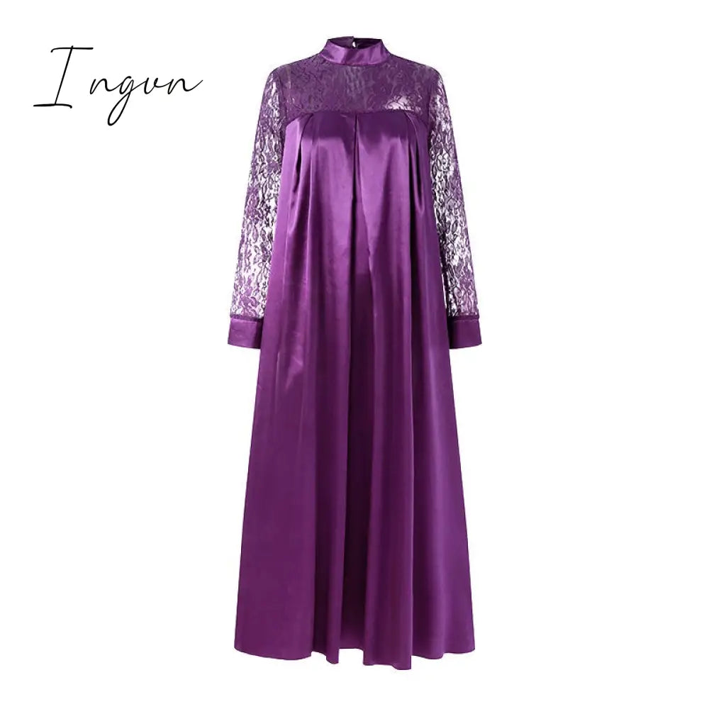 Ingvn - Summer Kaftan Party Dress Bohemian Women Long Sleeve Mock Neck Lace Patchwork Maxi Long Dress Robe Longues Oversized