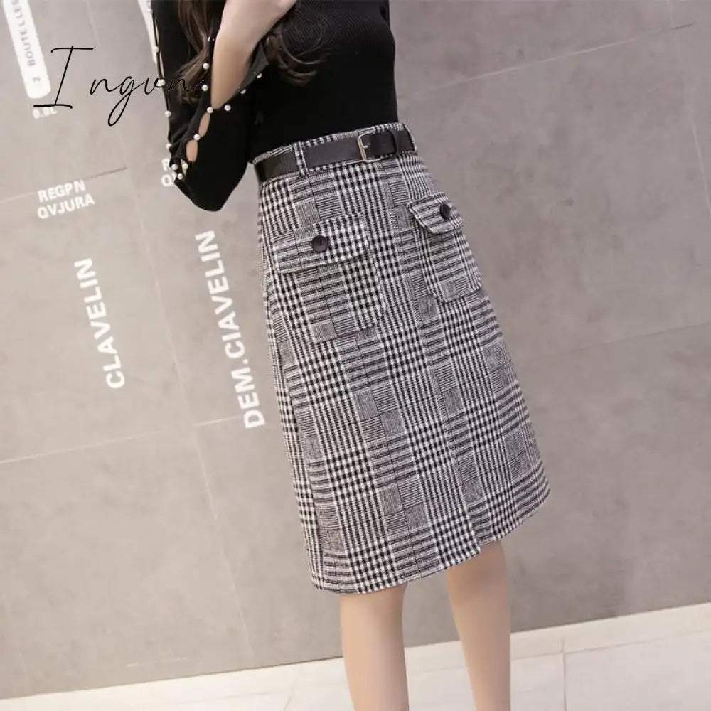 Ingvn - With Belt Autumn and Winter Houndstooth Skirt Women's Split Long Woolen Tartan Skirt Woman Skirts Mujer Faldas Saias Mulher