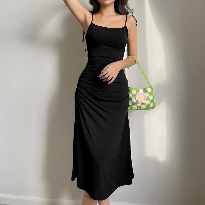 Fashion Strappy Ruched Sexy Black Dress Irregular Elegant Backless Long Dress Party Summer Dresses Women  Clothes