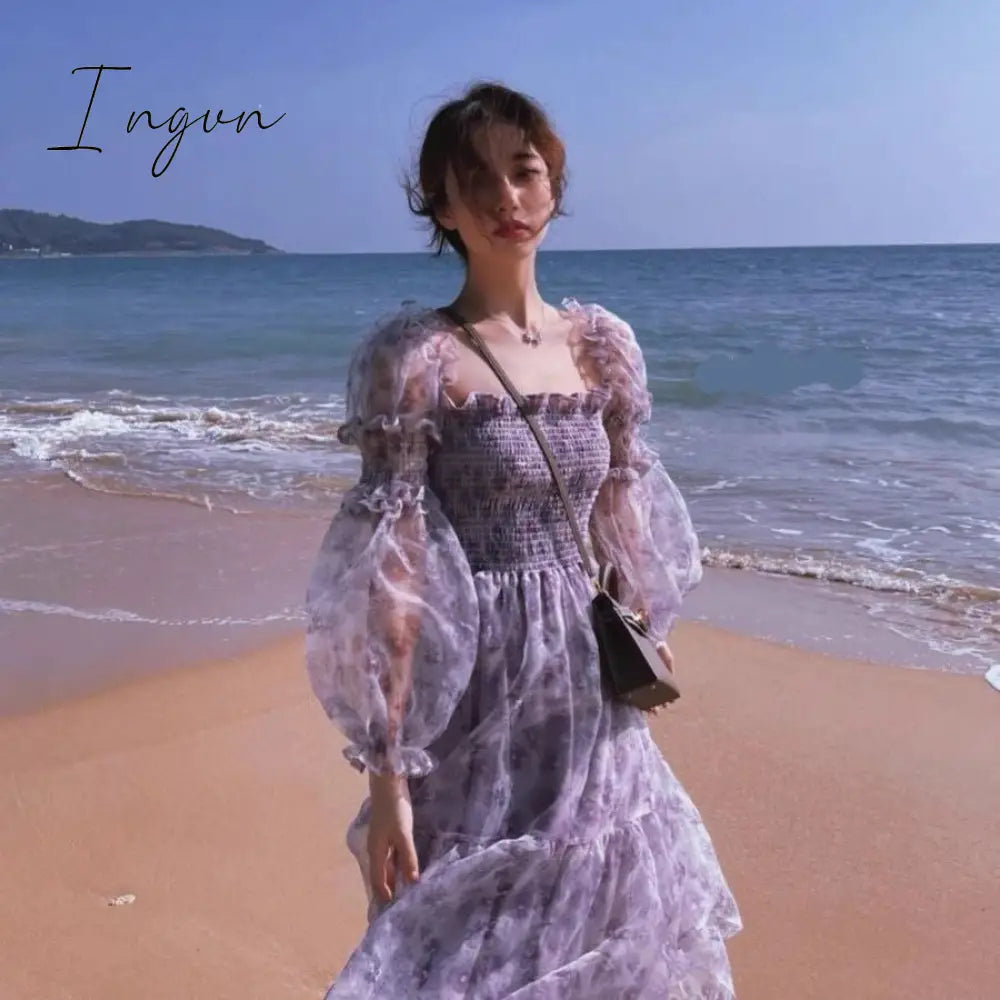 Ingvn - Summer Lace Elegant Midi Dress Women Puff Sleeve Square Collar Boho Beach Floral Dress Female Party One Piece Dress Korean