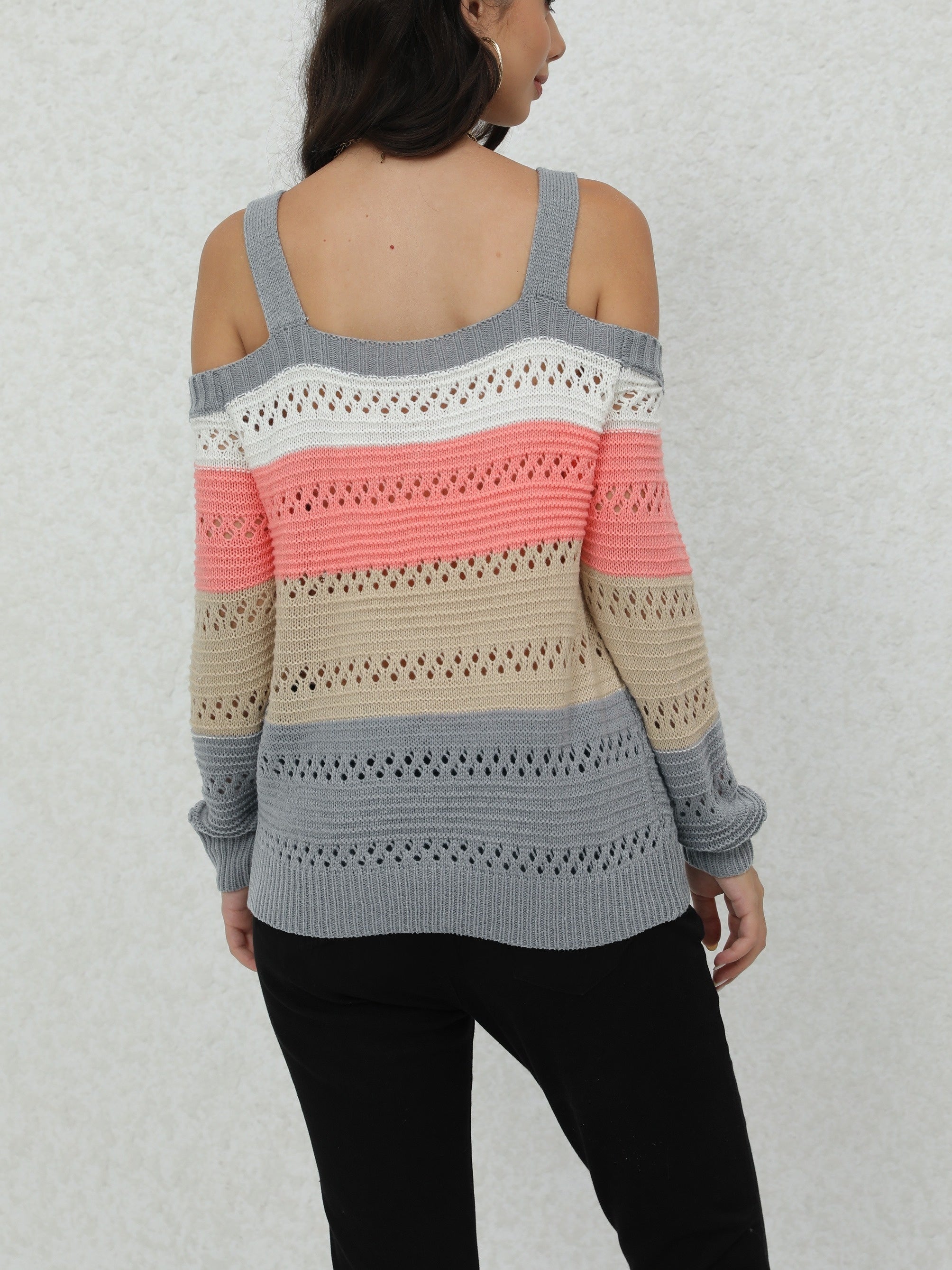 Chic Striped Long Sleeve Cold Shoulder Sweater - Soft, Cozy, Relaxed Fit Pullover for Women - Casual, Versatile, and Comfortable Winter Clothing