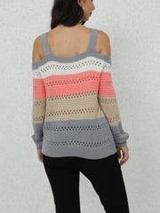 Chic Striped Long Sleeve Cold Shoulder Sweater - Soft, Cozy, Relaxed Fit Pullover for Women - Casual, Versatile, and Comfortable Winter Clothing