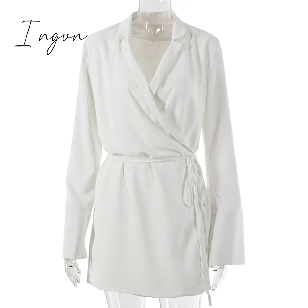 Ingvn - Black Satin V-Neck Shirt Dress Women Autumn Winter Flare Sleeve Lace Up Mini Dresses Elegant Ladies Party Vestidos