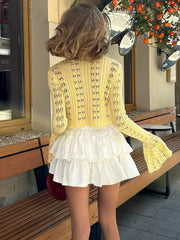 Knitwear Hollow Out Sweater Cardigan Women V-Neck Long Sleeve See-Through Cropped Top Summer Knit Patchwork Cardigan Top