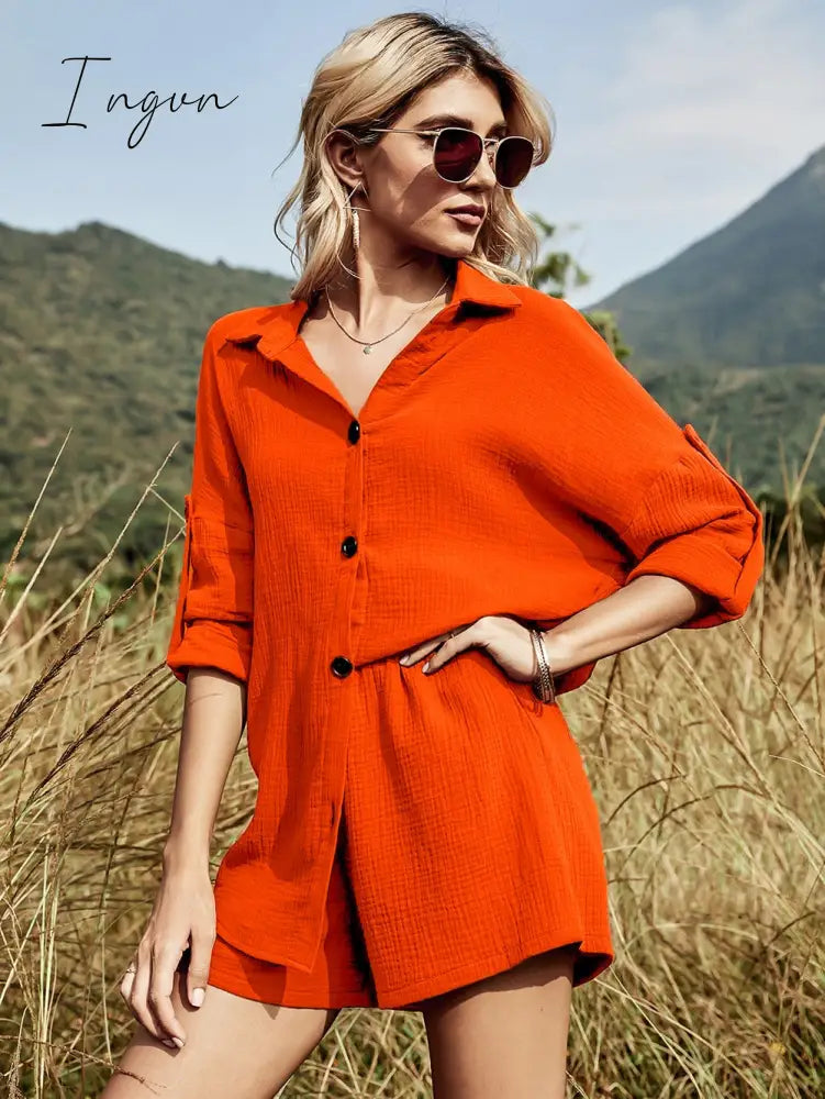 Ingvn - 2023 Summer Beach Casual Button White Women's Sets Cotton Linen Two Pieces Sets Long Sleeve Shirt and Shorts Women Set Outfits