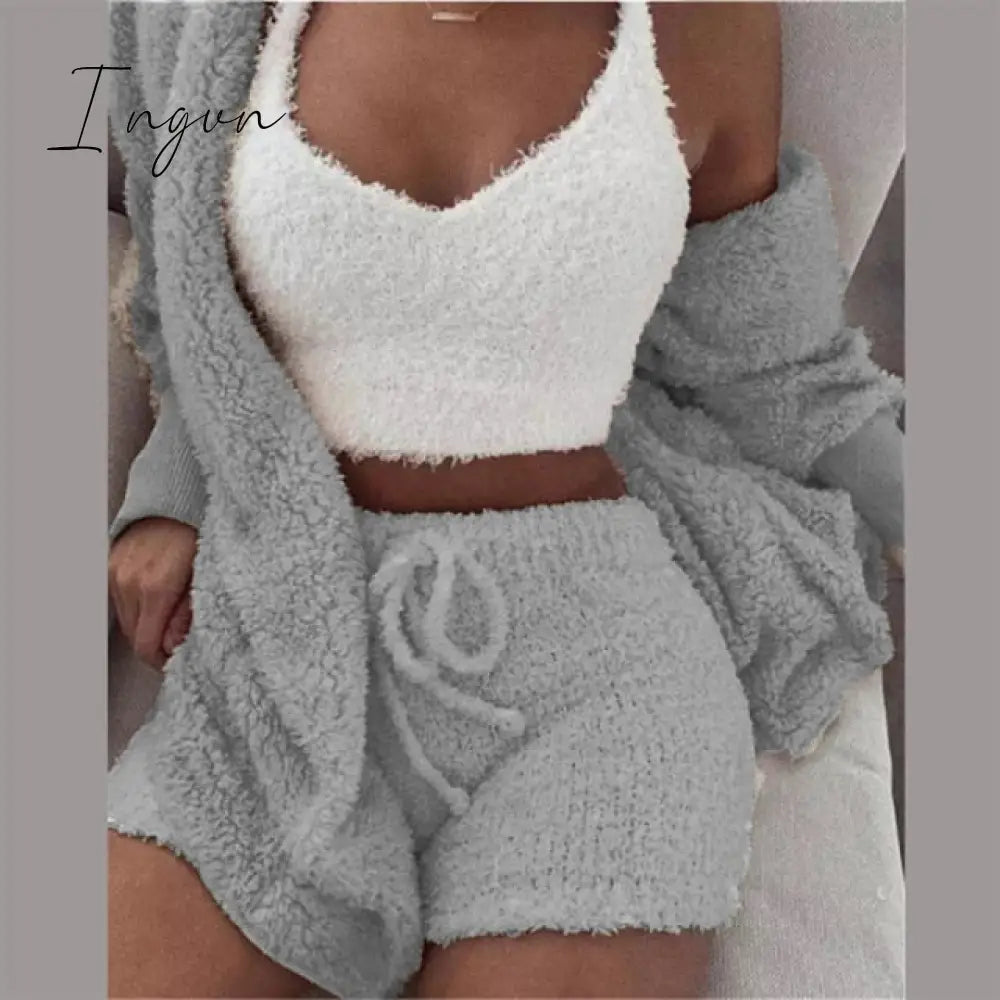 Ingvn - Three Piece Sexy Fluffy Outfits Plush Velvet Hooded Cardigan Coat+Shorts+Crop Top Women Tracksuit Sets Casual Sports Sweatshirt