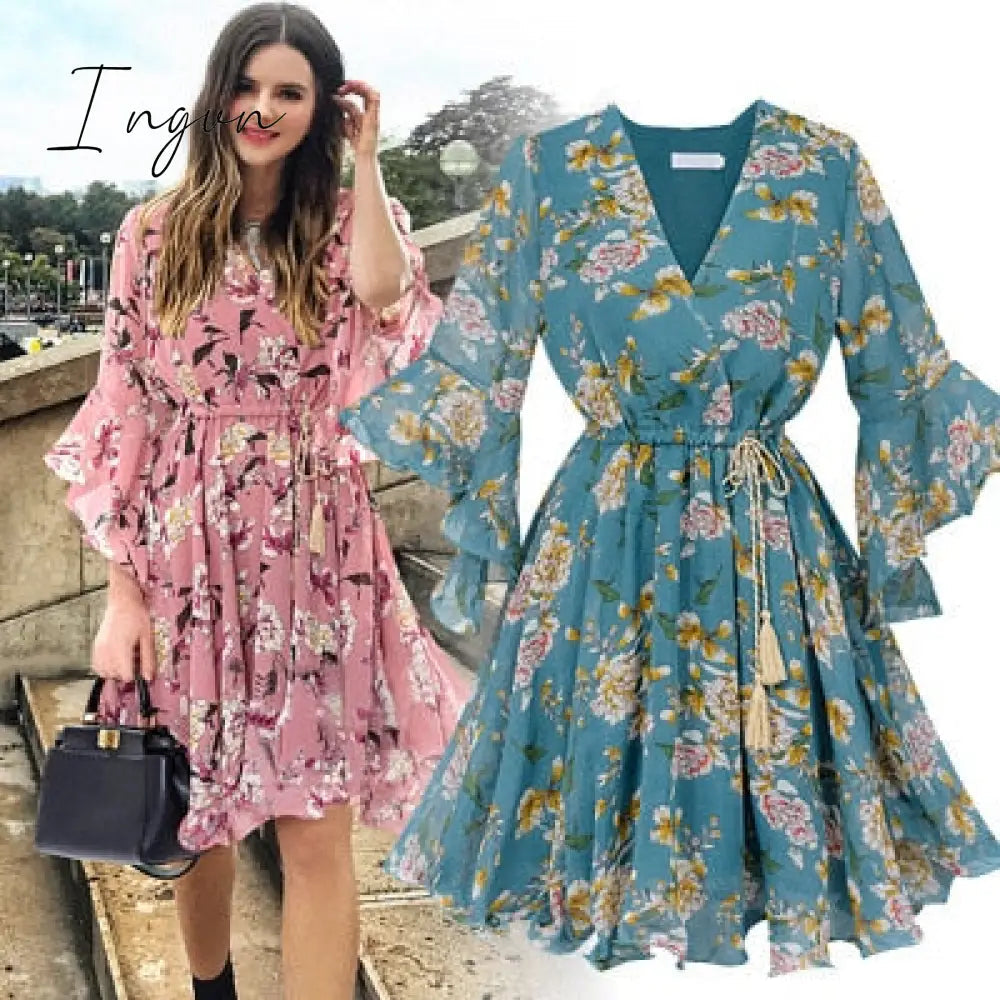 Ingvn - Chiffon High Elastic Waist Party Dress Bow A-line Women Butterfly Sleeve Flower Print Floral Boho Dress Female Vestido Plus Size