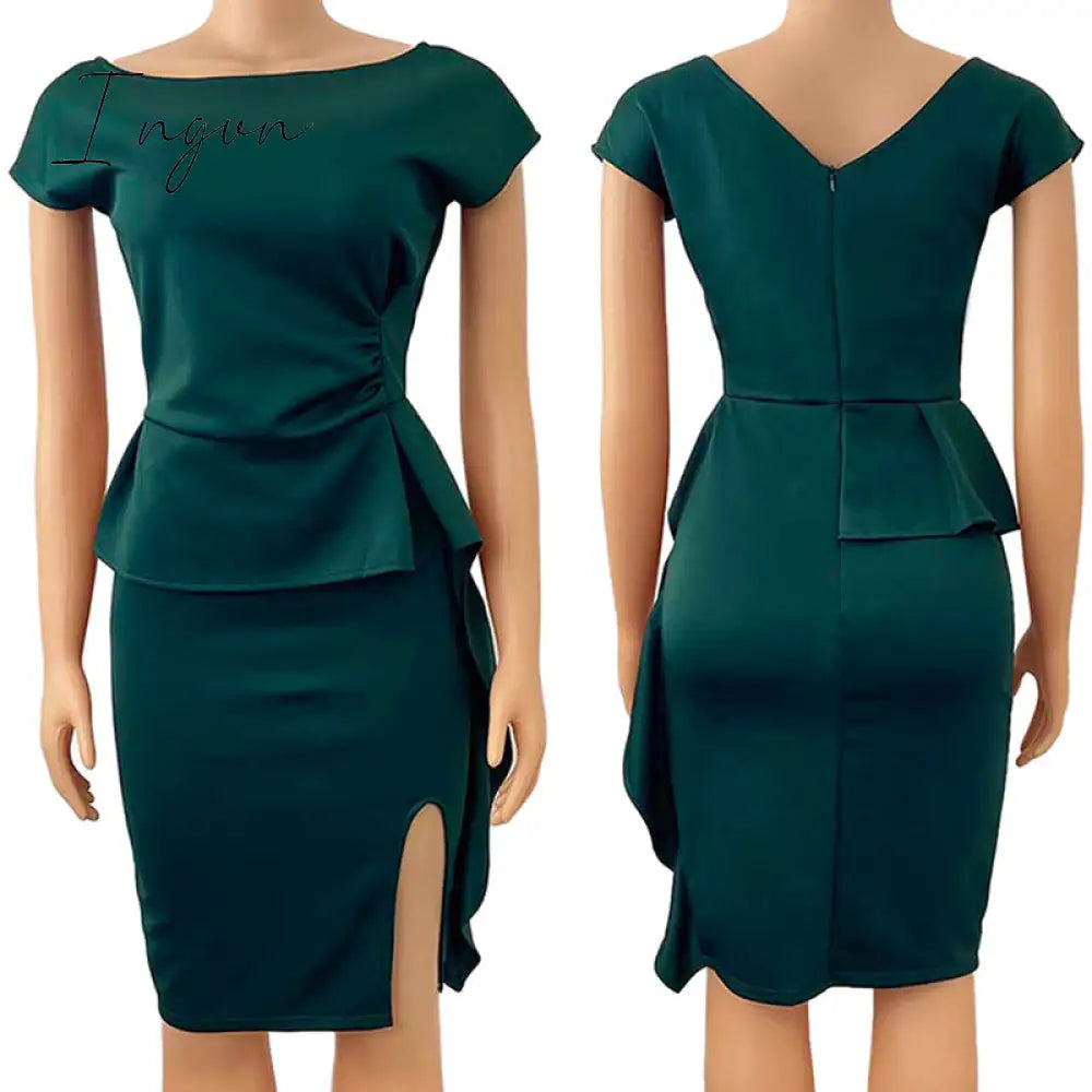 Ingvn - Sexy Bodycon Short Sleeve Dresses Split Package Hip Solid Event Party Dress Fashion Office Ladies African Femal Plus Size