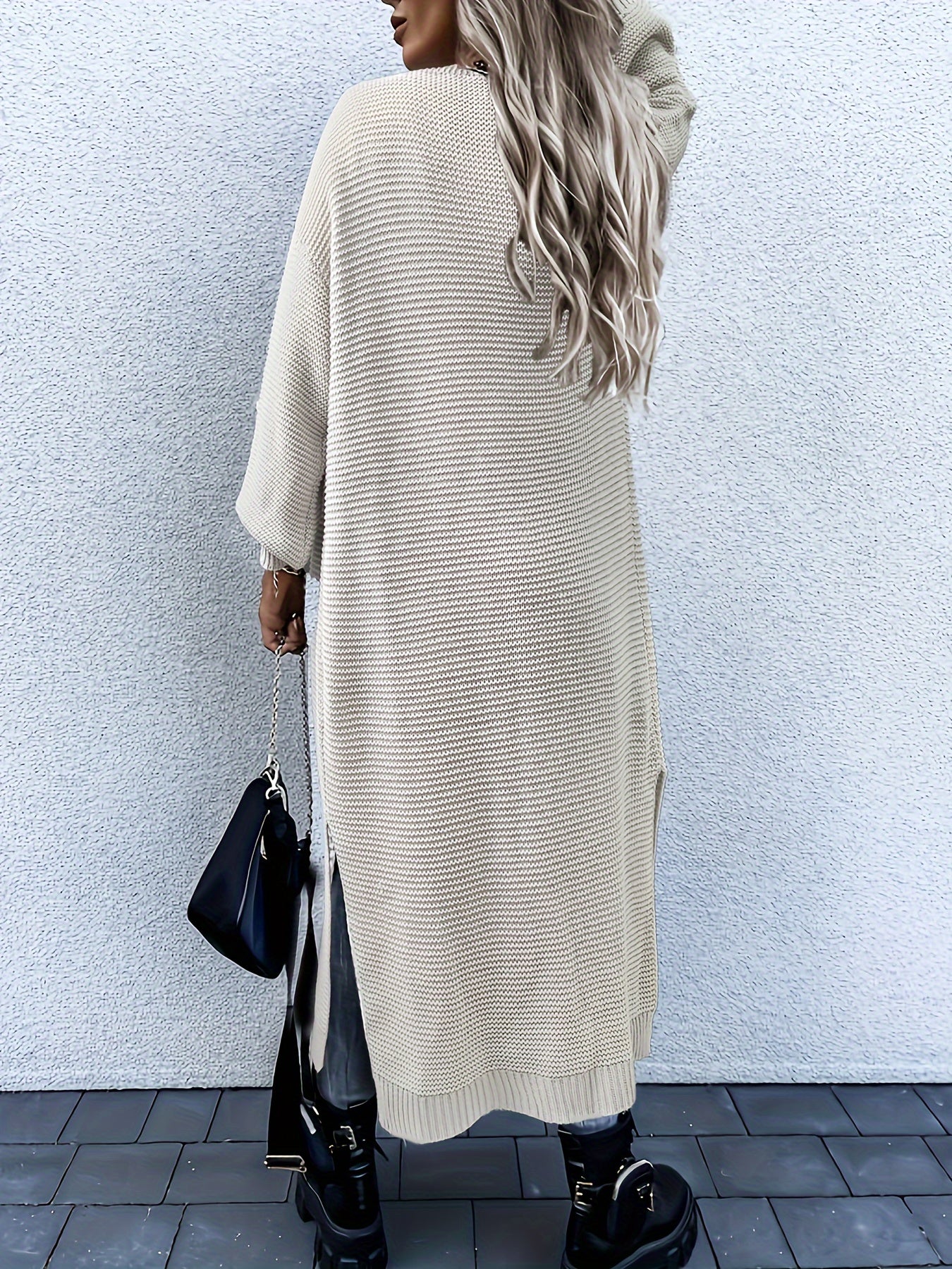 Women's Stylish All-Season Cardigan - Durable Knit with Chic Solid Color, Micro Elasticity, Open Front, and Side Splits