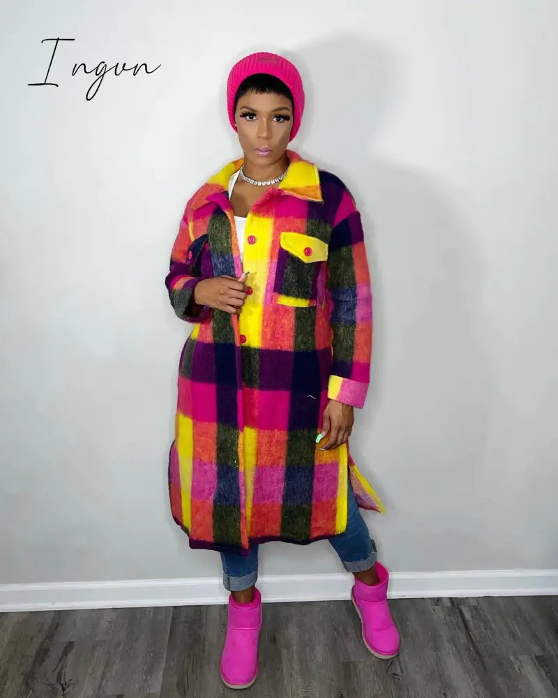 Ingvn - Women Plaid Single Breasted Long Sleeve Turn-down Neck Shirt Style Long Wool and Blends Outcoat coats and jackets women