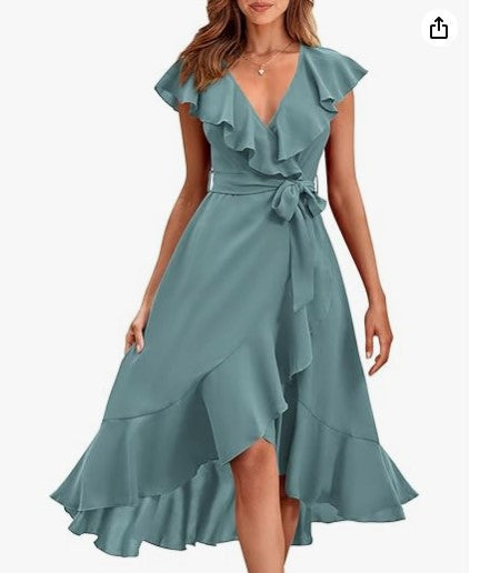 new V-neck short sleeve ruffled long temperament lace-up dress