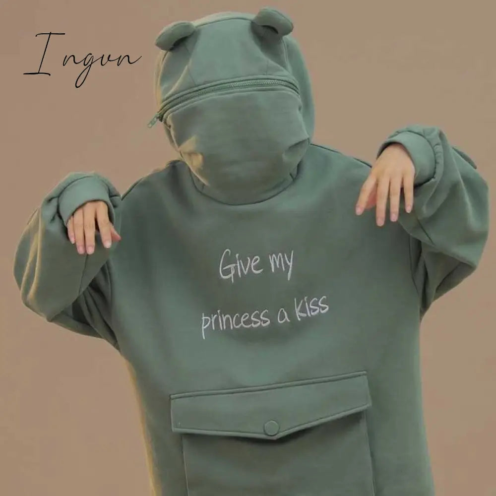 Ingvn - Women Autumn Thick Loose Sweatshirt Harajuku Letters Printed Lovely Frog Casual Hooded Hoodies Pullover Female Thicken Coat New