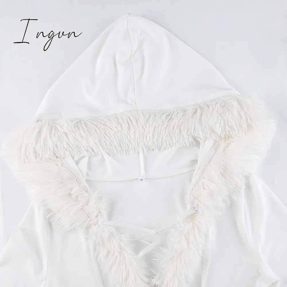 Ingvn - Furry Long Sleeve Hooded Bodycon Mini Dresses Women White V Neck Fuzzy Dress Skinny Christmas Party Streetwear Winter