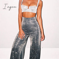 Ingvn - High Waist Sequin Fall Party Wear Wide Leg Casual Trousers Fashion Loose Glitter Shiny Bell Bottom Pants for Women
