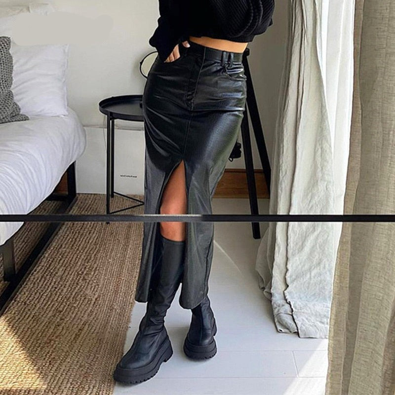 Midi Split PU Leather Skirt Women Autumn Winter Black Sexy Bodycon Fashion Party Ladies Pencil Skirts Ladies Pocket