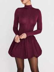 Turtleneck Long Sleeve Sexy Mini Dress For Women Robe Fashion Burgundy Patchwork High Waist A-line Club Pleated Dress