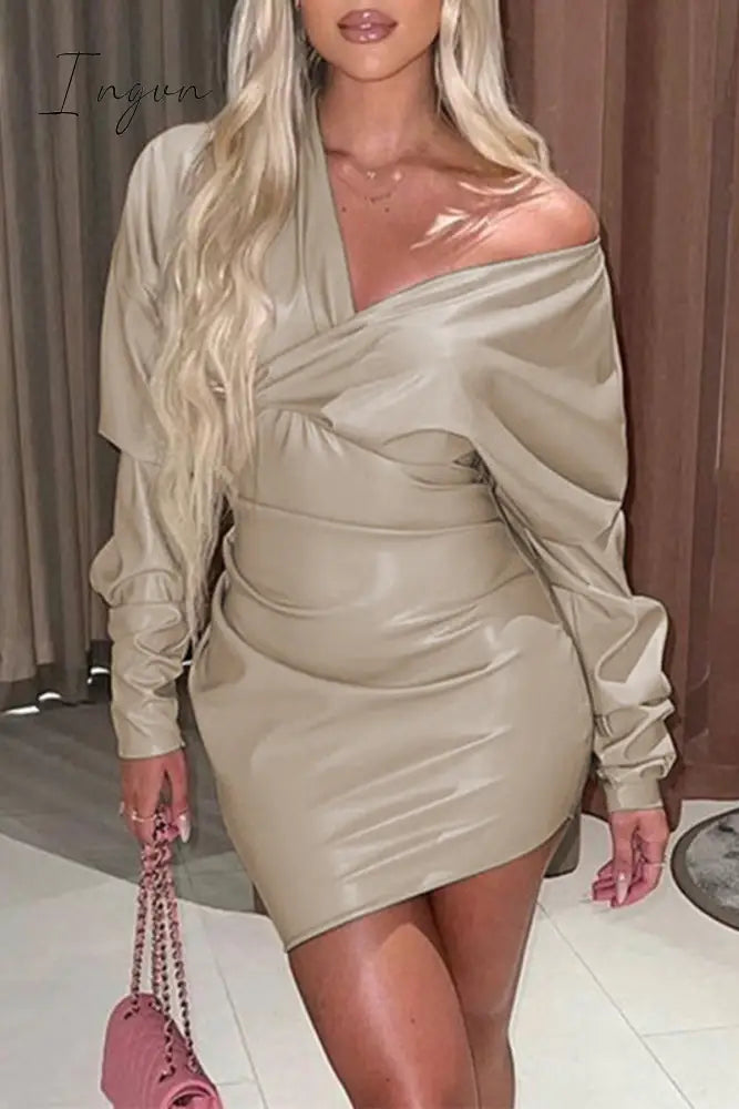 Ingvn - Sexy Solid Backless Fold V Neck A Line Dresses