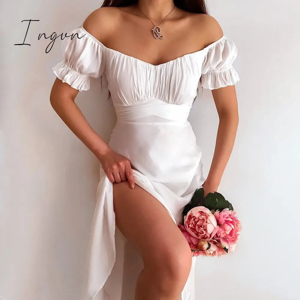 Ingvn - Short Sleeve Bodycon Beach Dresses High Waist A-line Ladies Party Vestidos Elegant Solid V-neck Summer Women Dress
