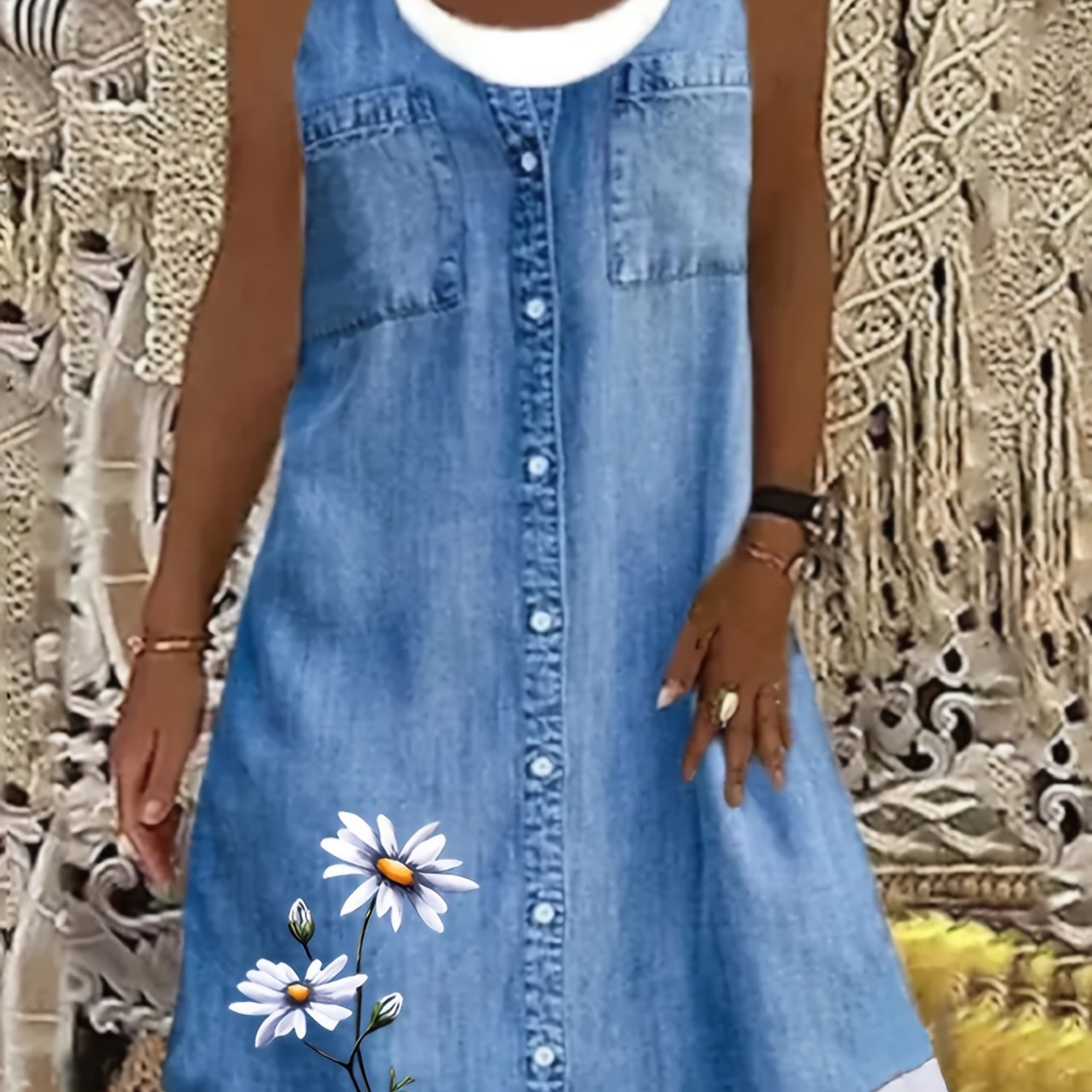 Plus Size Floral Denim Charm - Womens Casual Round Neck Loose Tank Dress with Boho Style - Comfortable & Fashionable for All Seasons