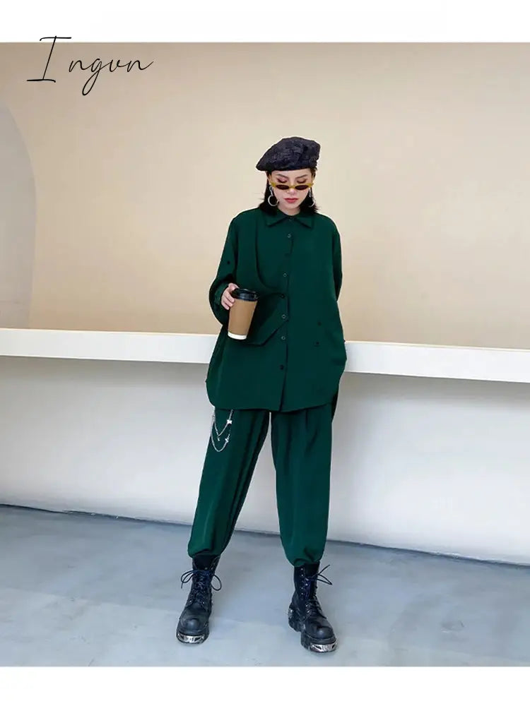 Ingvn - Wide Leg Pants Irregular Big Size Two Piece Suit New Lapel Long Sleeve Loose Fit Women Fashion Spring Autumn