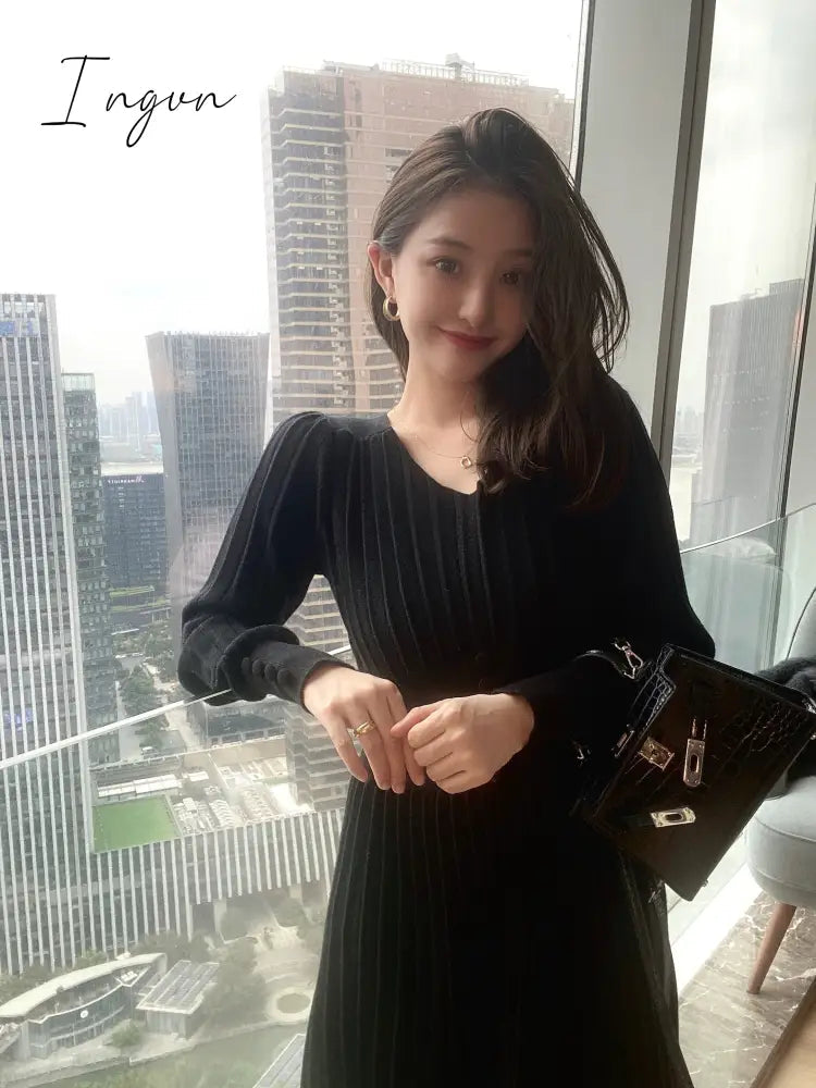 Ingvn - Knitted Dress Women Casual Long Sleeve Vintage Elegant Office Sweater Dress Female Spring One-piece Dress Korean Outerwear