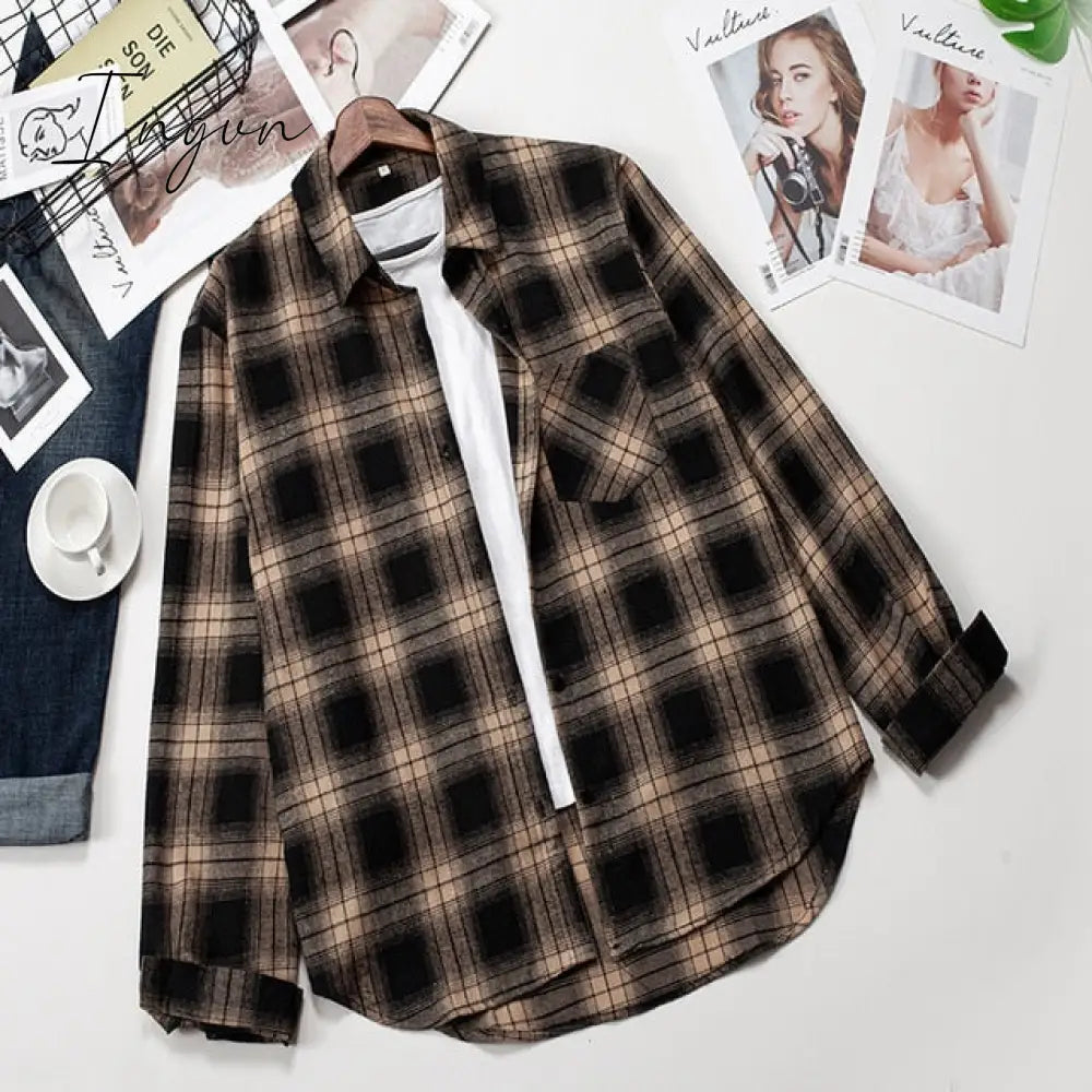 Ingvn - Plaid Shirts Womens Blouses Long Sleeve Lady Checked Tops Loose Female Outwear Casual Clothes Spring Autumn News
