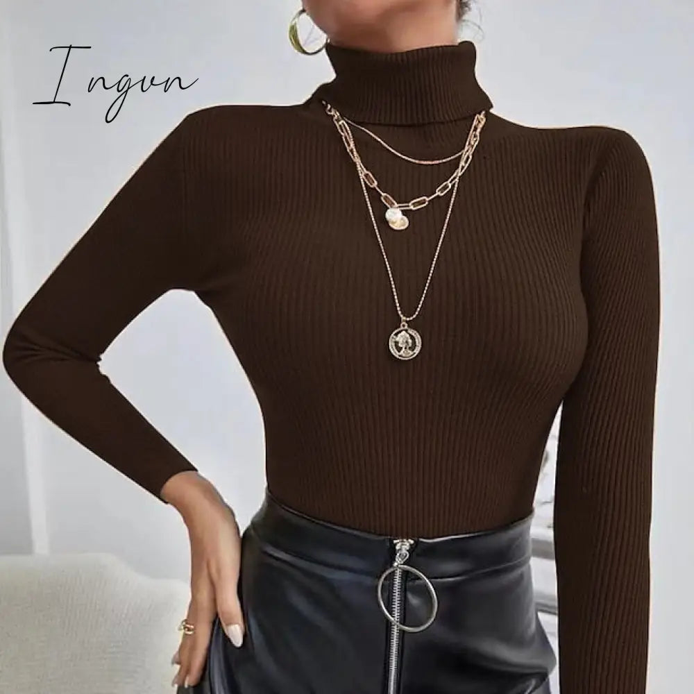 Ingvn - Women's Pullover Sweater Jumper Jumper Ribbed Knit Knitted Thin Solid Color Turtleneck Basic Casual Daily Winter Fall caramel Black One-Size
