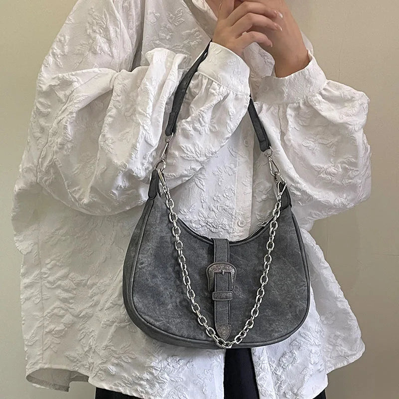 Ingvn  Retro Black Women's Small Shoulder Bag Fashion Half Moon Female Underarm Bag Chain Design Ladies Tote Purse Portable Handbag