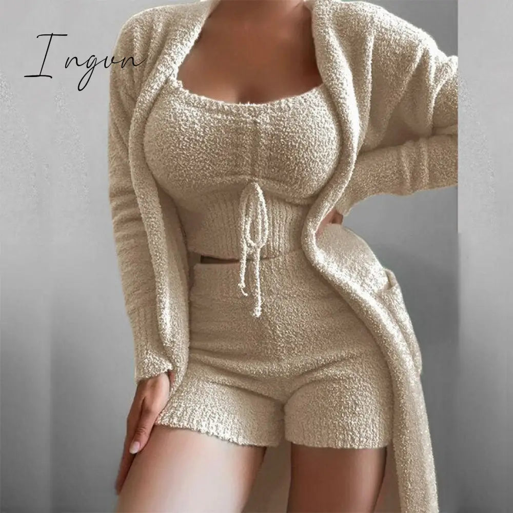 Ingvn - Women Elegant Fleece Soft 3 Piece Suit Fashion Square Collar Drawstring Tops+Long Cardigan Outfits Casual Pajamas Solid Set