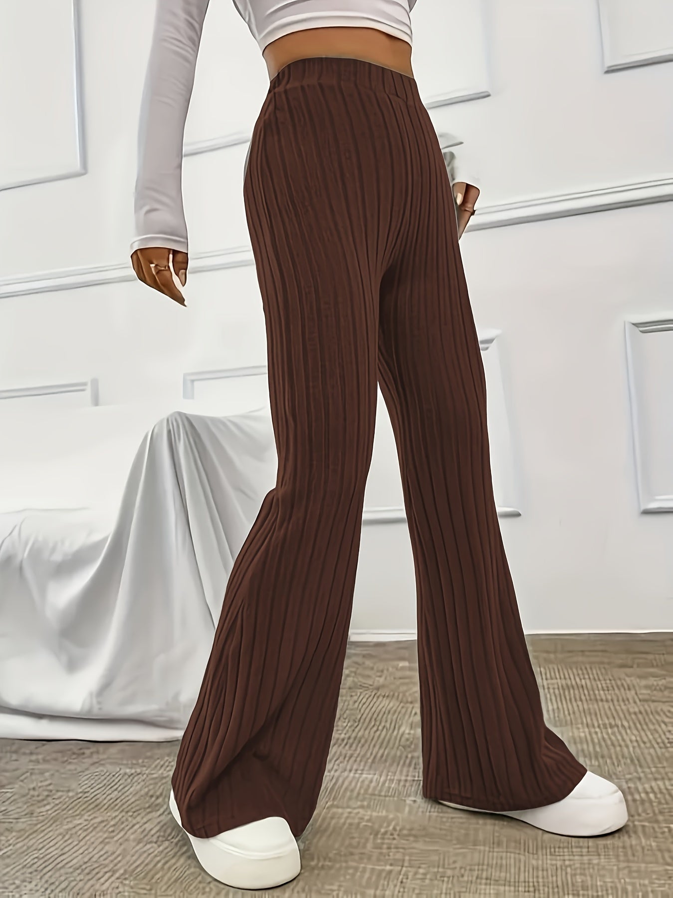Elegant Ribbed Polyester Long Pants - High Elasticity, Solid Chic, Easy Care, Perfect for Spring & Fall