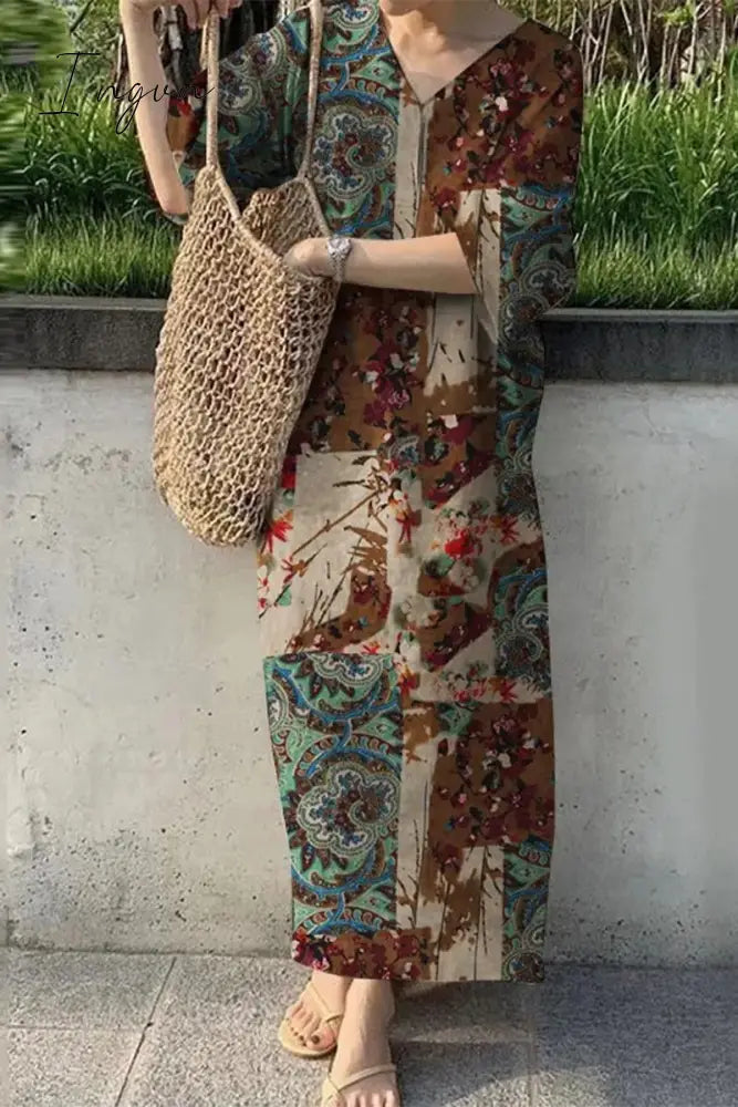 Ingvn - Casual Vintage Geometric Print V Neck Printed Dresses
