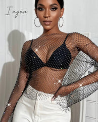Ingvn - Sexy see through mesh Rhinestone tank top women summer shiny club party crop top long sleeve beach cover up fishnet tops t shirt