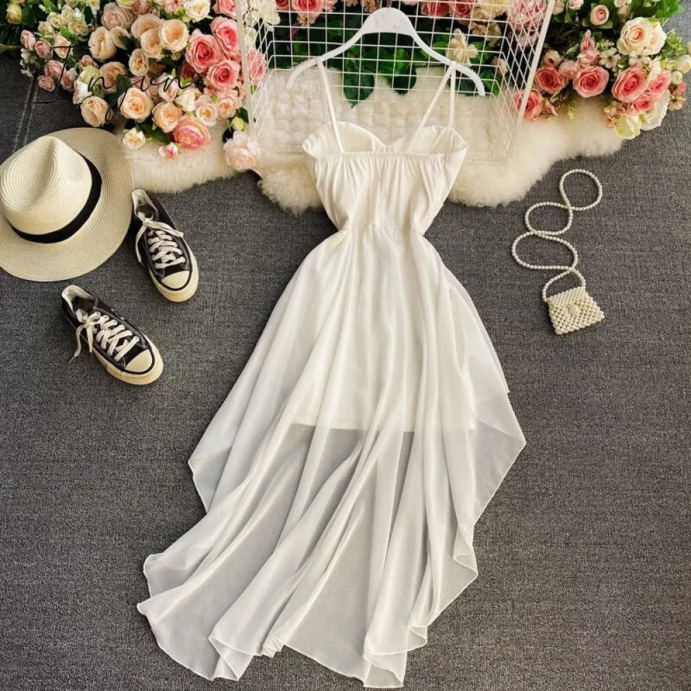 Ingvn - Women Dress Spring Summer French Elegant Sexy Gentle Temperament Female Irregular Tube Top Sling Big Swing Vestido