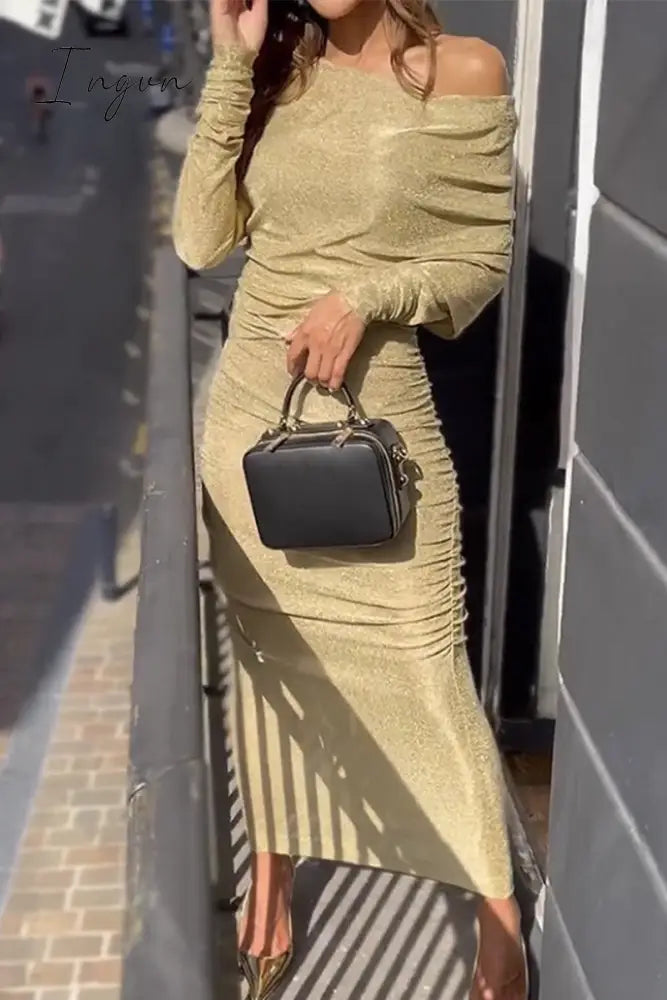 Ingvn - Sexy Solid Fold Sequined Off the Shoulder Wrapped Skirt Dresses