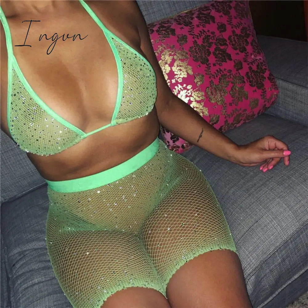 Ingvn - Trends Fishnet Grid See Through Neon Outfits Bandage Low Cut Sexy Backless Crop Top High Waist Skinny Shorts Women Party 2 Piece Sets