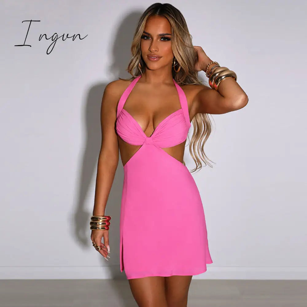 Ingvn - Halter Hollow Out Dress Women Bandage Slim Strapless Bodycon Dress Sexy Mini Backless Summer Party Dresses