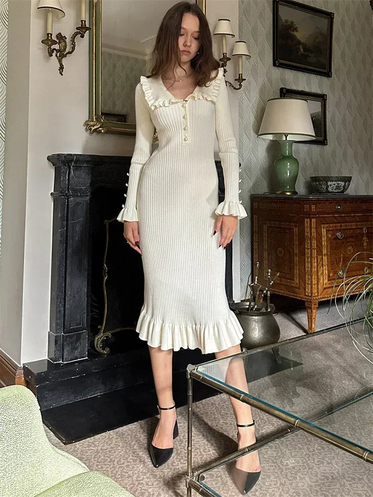 Ruffled Patchwork Knit Maxi Dress For Women Elegant Ribbed Long Sleeve Party Dress Gown Slim Knitwear Fashion Long Dress