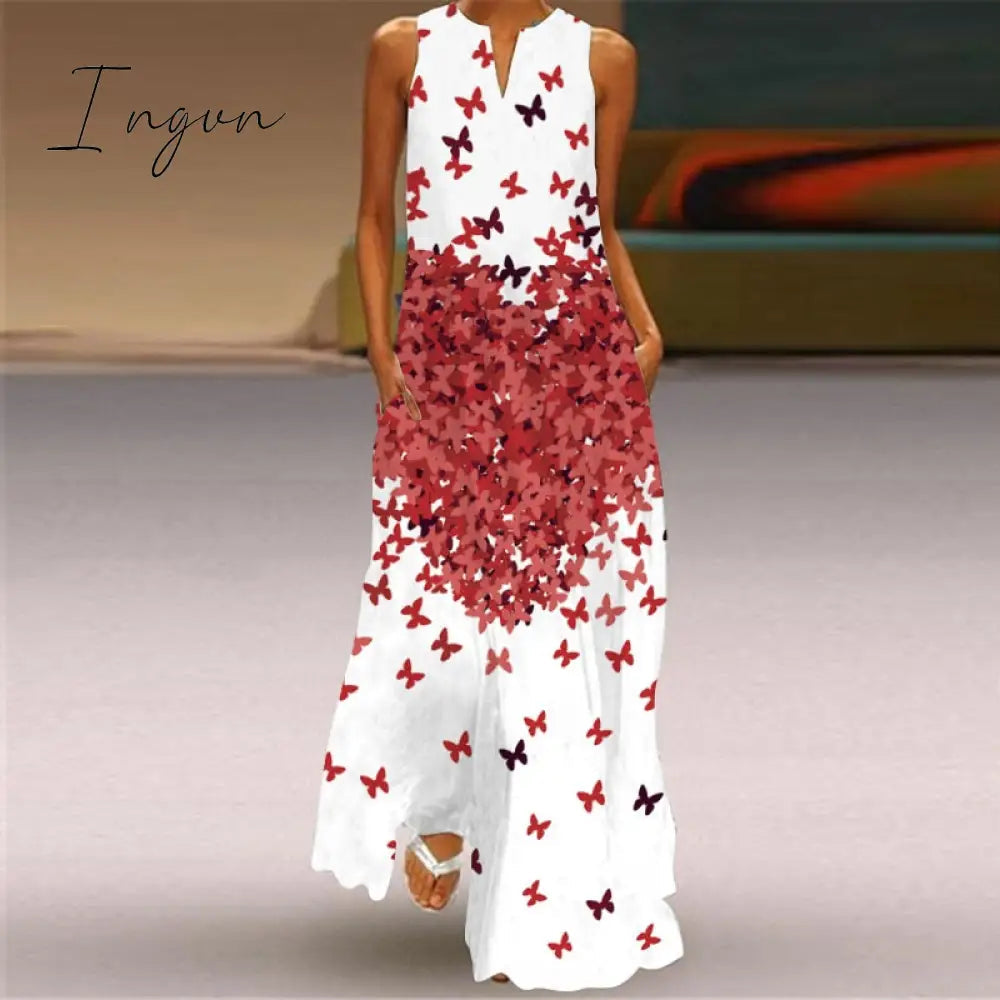 Ingvn - Fashion White Summer Dress Casual Breathable Butterfly Print Long Dresses Woman Sleeveless Beach Maxi Dress Women