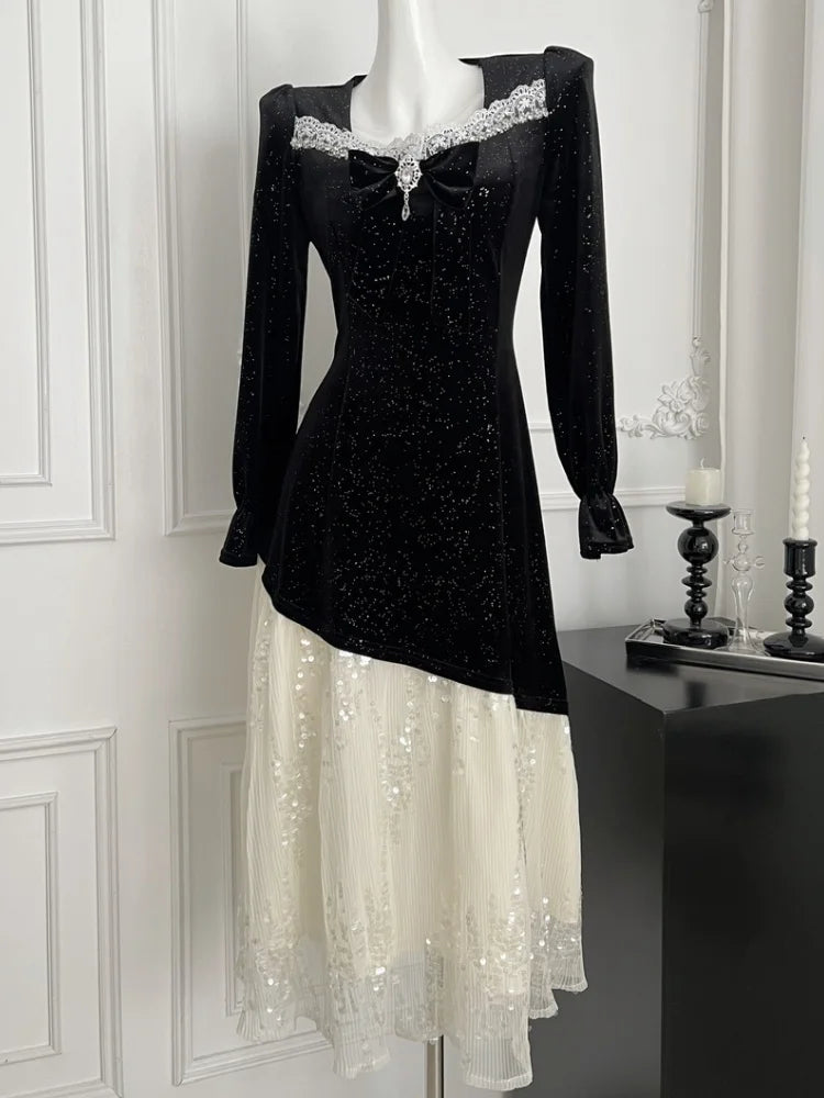 Autumn Winter Sequins Womens Dresses Velvet Mesh Patchwork Square Collar Flare Sleeves Birthday Party Dress A-Line Vestidos Robe