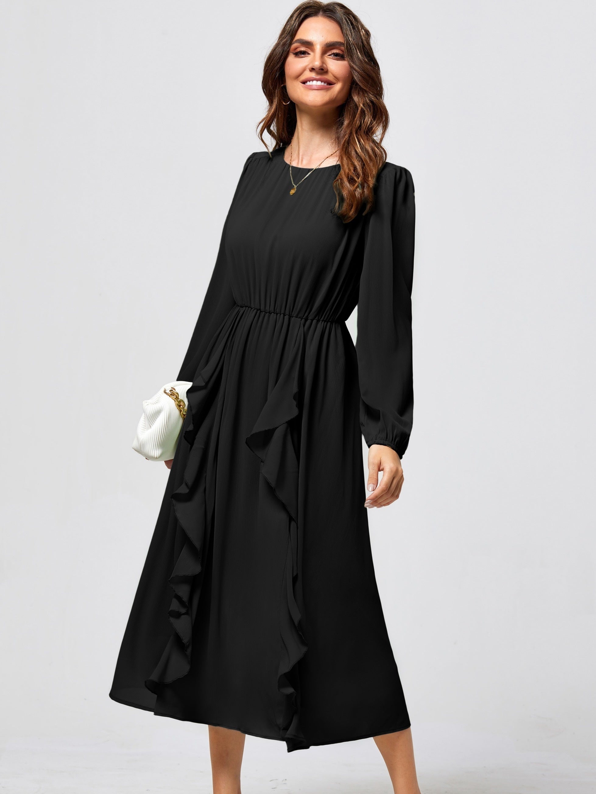 Womens Long Sleeve Wedding Guest Dresses Flowy Chiffon Ruffled A Line Midi Dresses 2024 Fall Casual Long Dress
