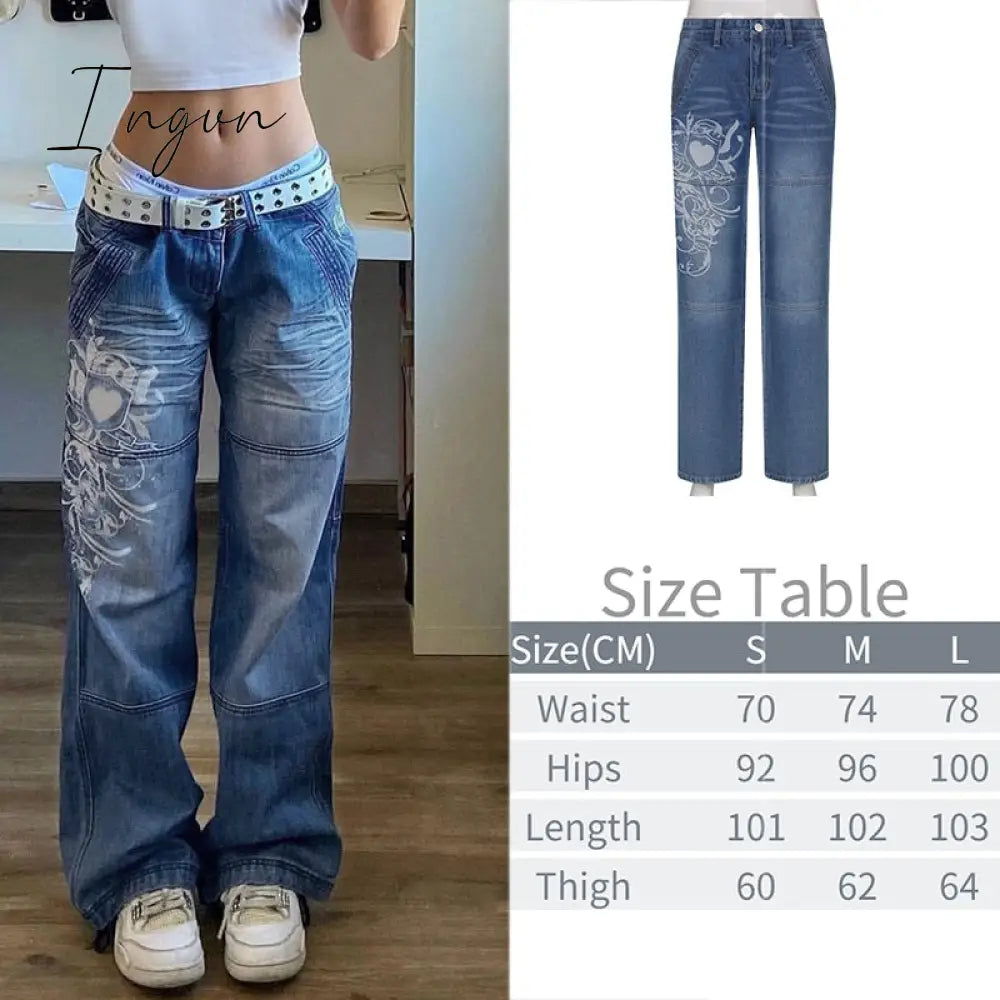 Ingvn - New Printed Baggy Y2K Jeans Women's Low Waist jeans Autumn Winter Oversize Wide Leg Baggy Pants Casual Cargo Trousers
