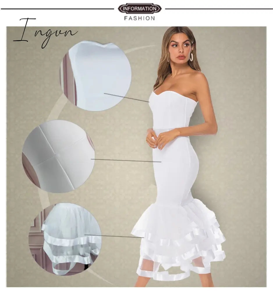 Ingvn - Women White Party Tube Tops Dress Wedding Off Shoulder Sexy Patchwork with Mesh Clubwear Dinner Evening Slim Bodycon Tunic Robes