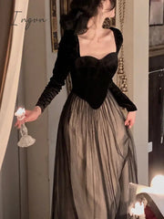 Ingvn - Elegant Long Sleeve Midi Dress Woman Slim French Vintage Velvet Dress Party Casual Korean Fashion Dress Female Autumn Chic
