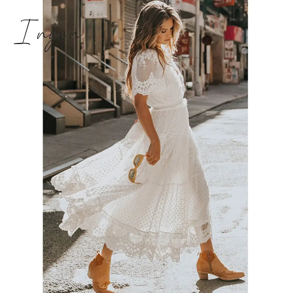 Ingvn - Hollow Out White Dress Sexy Women Long Lace Dress Cross Semi-Sheer Plunge V-Neck Short Sleeve Lace Maxi Dress