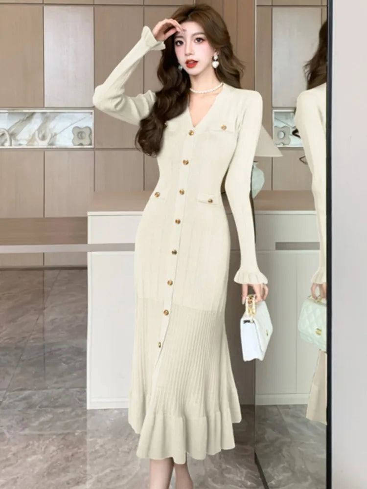 Solid Knitted Dresses for Women Autumn Single Breasted Chic Flared Sleeve Ruffles Hem Casual Female Office Elegant Robes