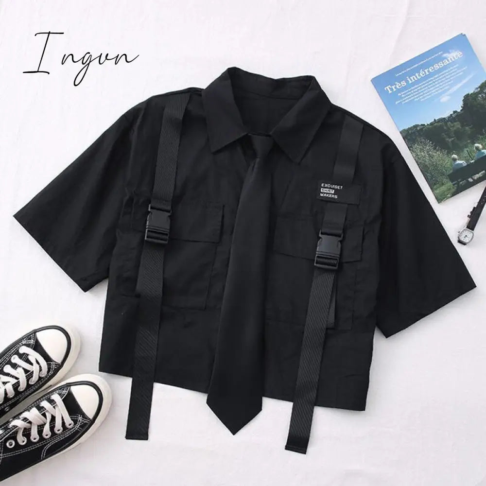 Ingvn - Spring Outfits 2023 Trends Harajuku Women Shirts And Blouses Feminine Tie Pocket Top Casual White Turn-down Collar OL Style Female Blouses Streetwear
